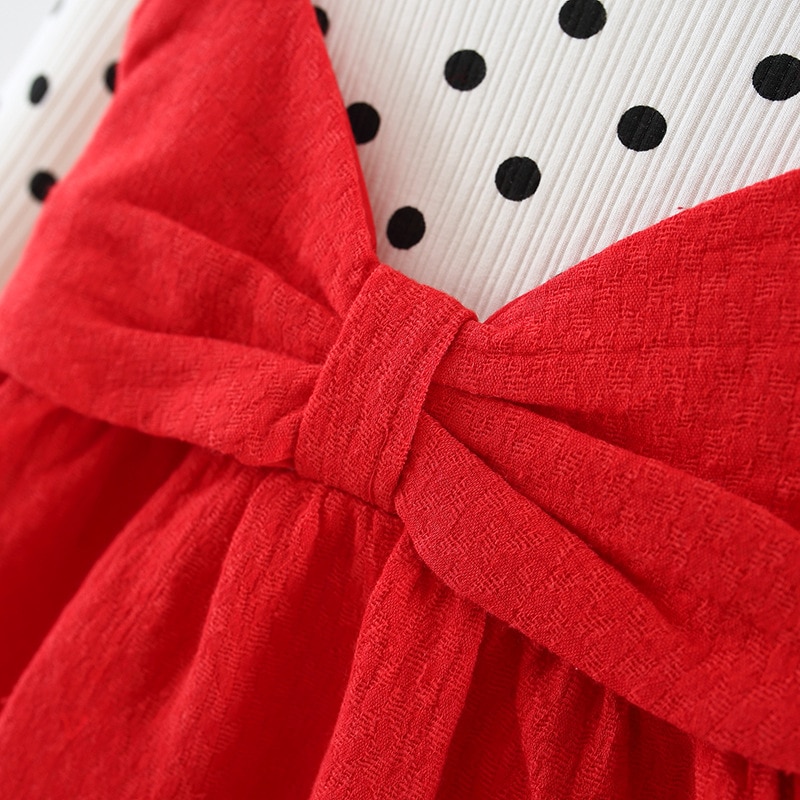 Cute Polka Dotted Cotton Dress with Bow