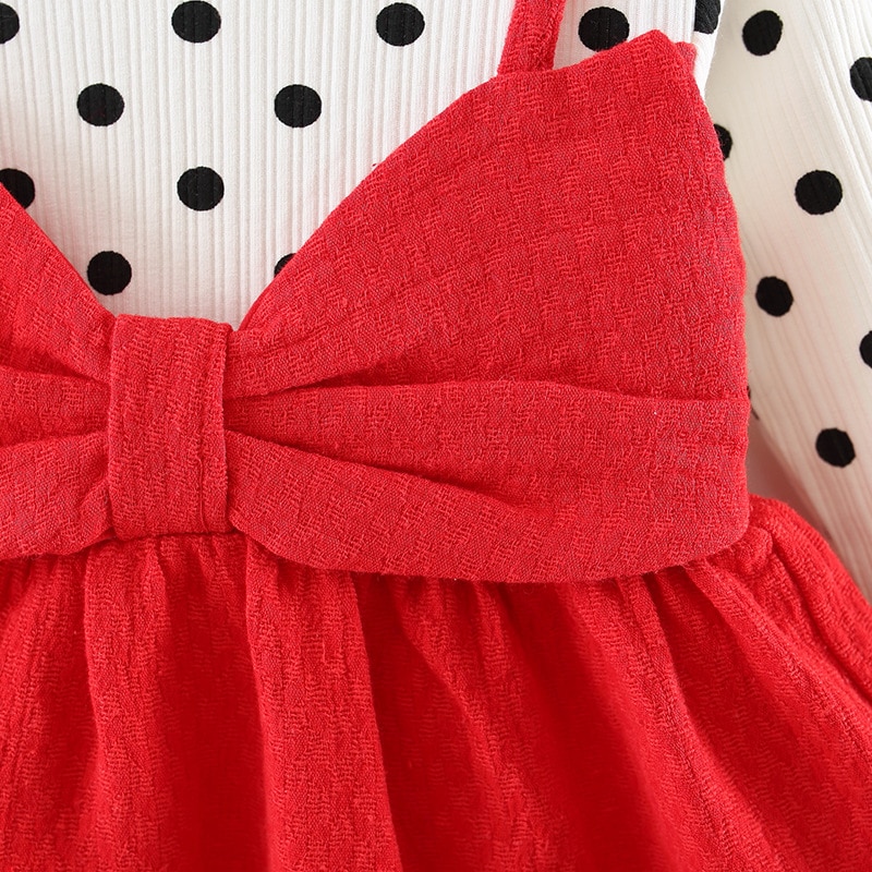 Cute Polka Dotted Cotton Dress with Bow