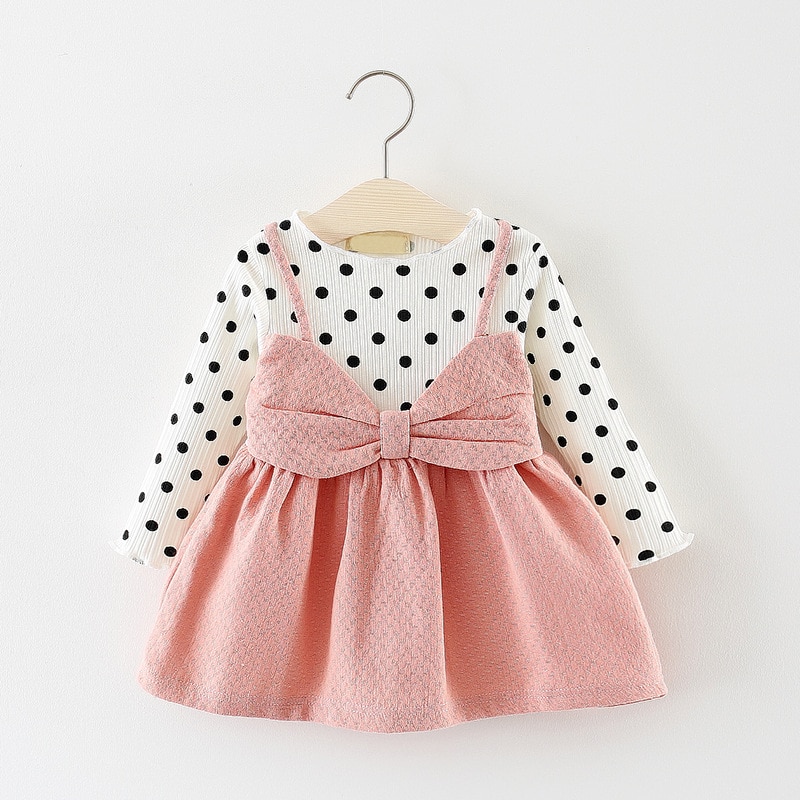 Cute Polka Dotted Cotton Dress with Bow