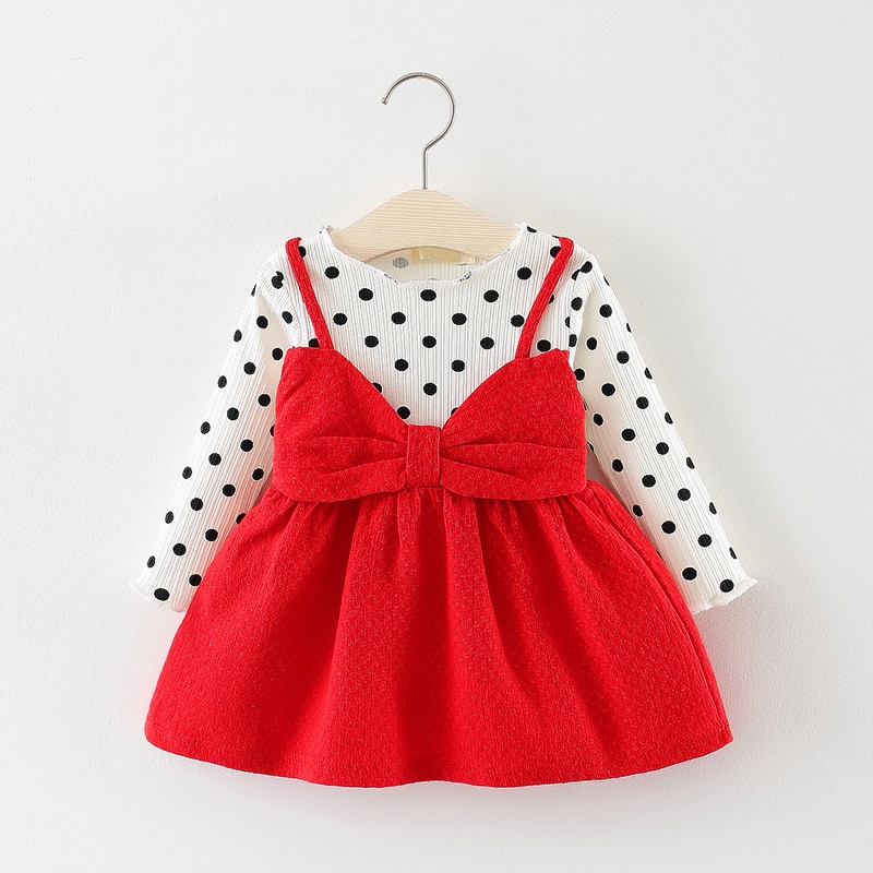 Cute Polka Dotted Cotton Dress with Bow