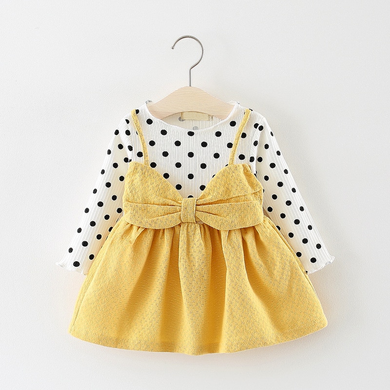 Cute Polka Dotted Cotton Dress with Bow