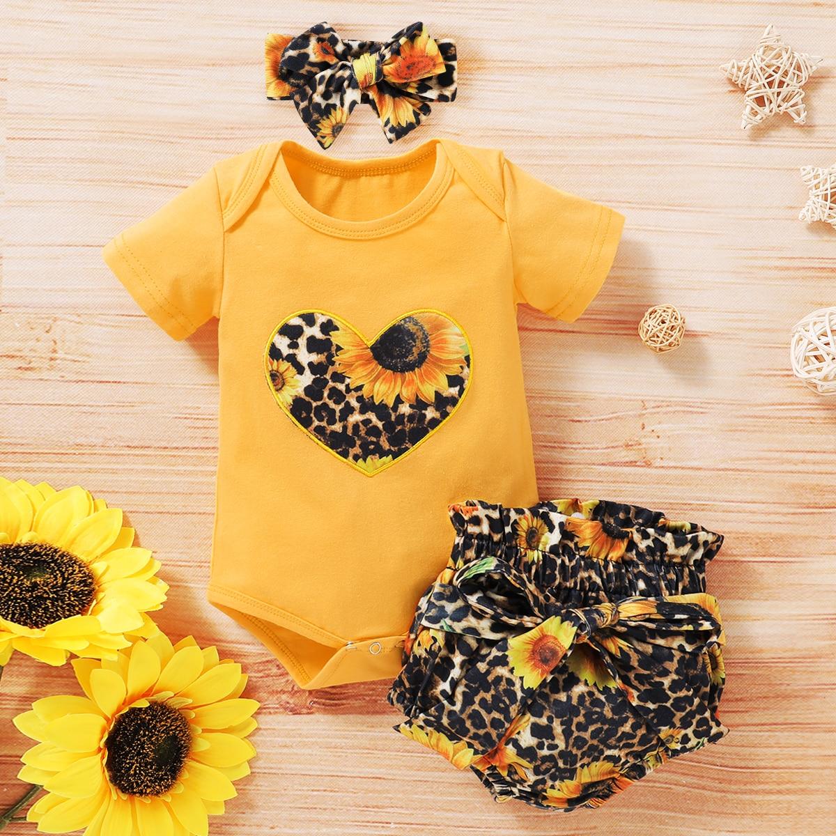 Baby Girl's Leopard / Sunflower Printed Yellow T-Shirt and Tutu Pants with Headband Set