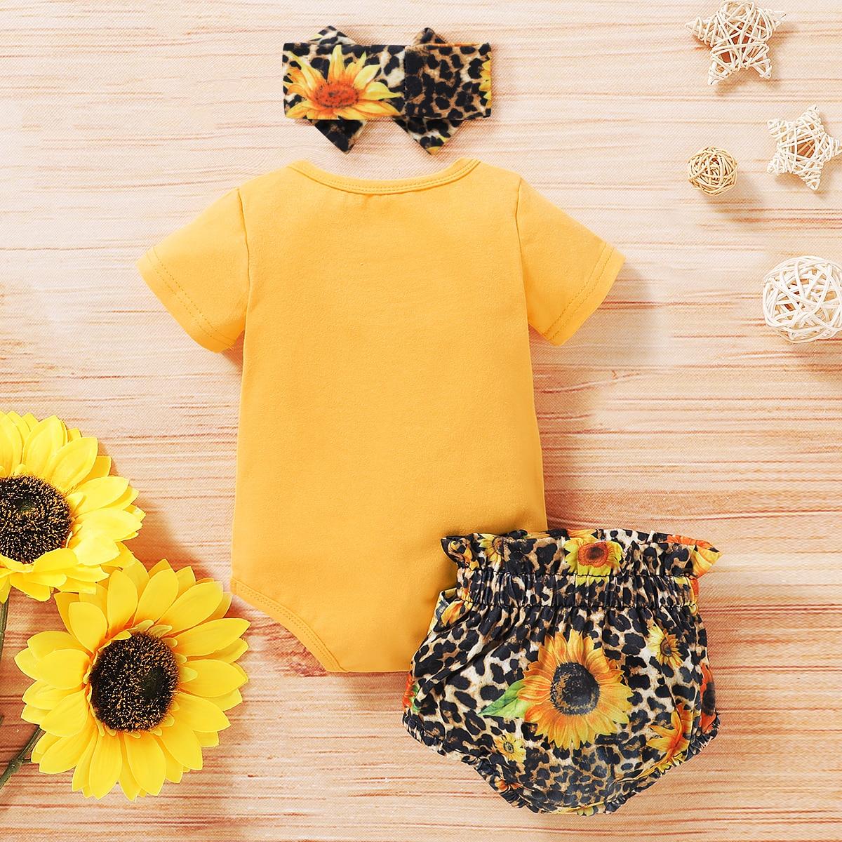 Baby Girl's Leopard / Sunflower Printed Yellow T-Shirt and Tutu Pants with Headband Set